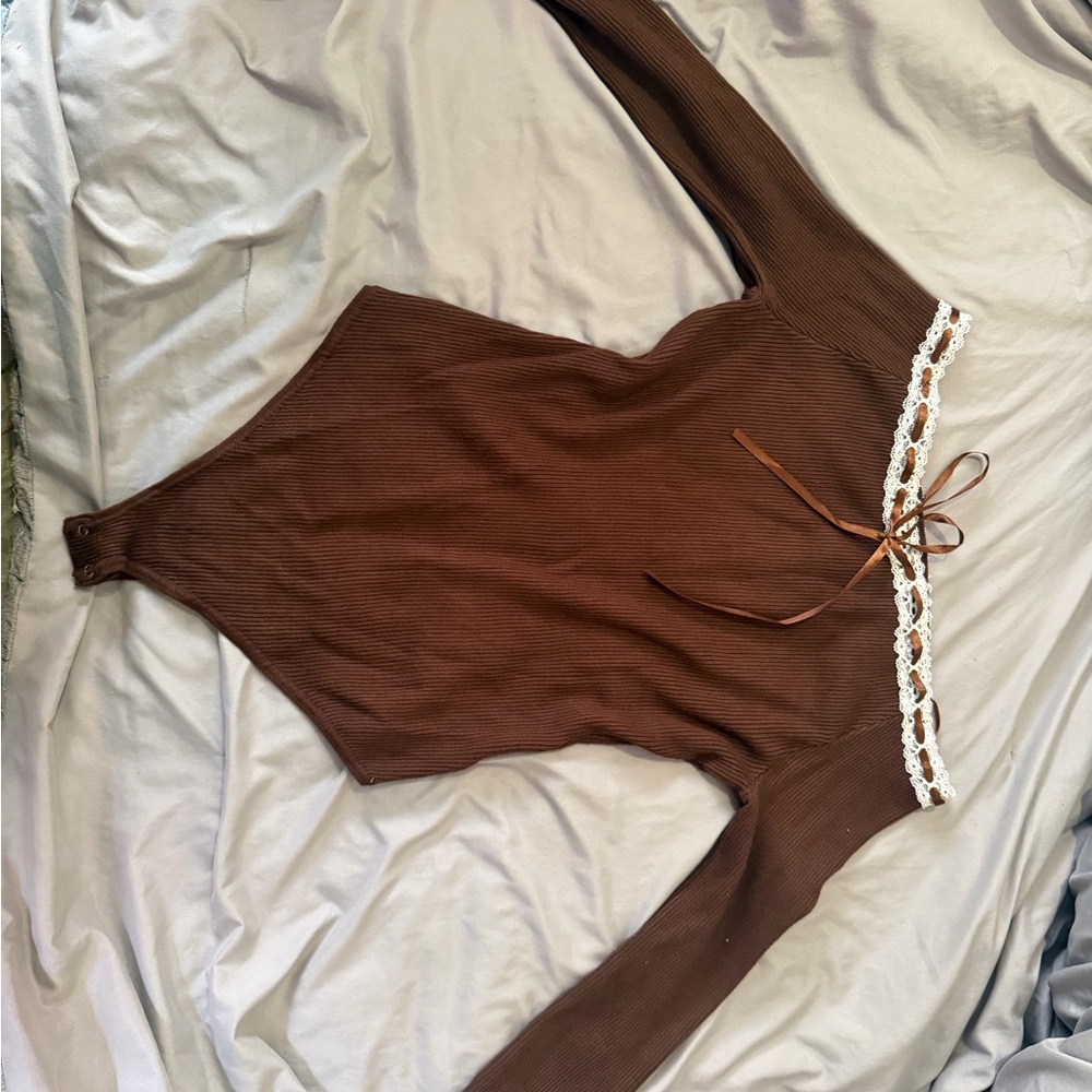 Sweet Rain Brown Lace Trim Bodysuit